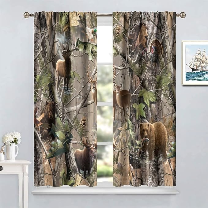 Retro Forest Window Curtains, Camouflage Hunting Tree Camo Rustic Deer Elk Bird Bear Blackout Rod Pocket Windows Door Curtain for Bedroom Living Room Home Decor 42x63in