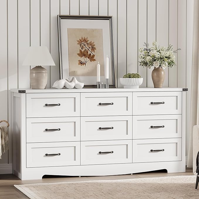 Dresser for Bedroom with 9 Drawers, 59" Wide Modern Chest of Drawers with Deep Drawers & Mental Handle, Wood Dresser TV Stand, Wooden Closet Storage Organizer for Living Room, Hallway, Entryway, White