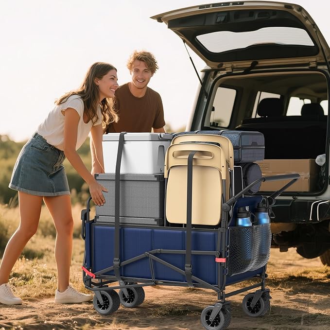 LEVELEVE Heavy Duty Folding Wagon - 2-in-1 Collapsible Cart, 650lb Capacity, All-Terrain Wheels w/Brakes & Side Pockets (Blue)
