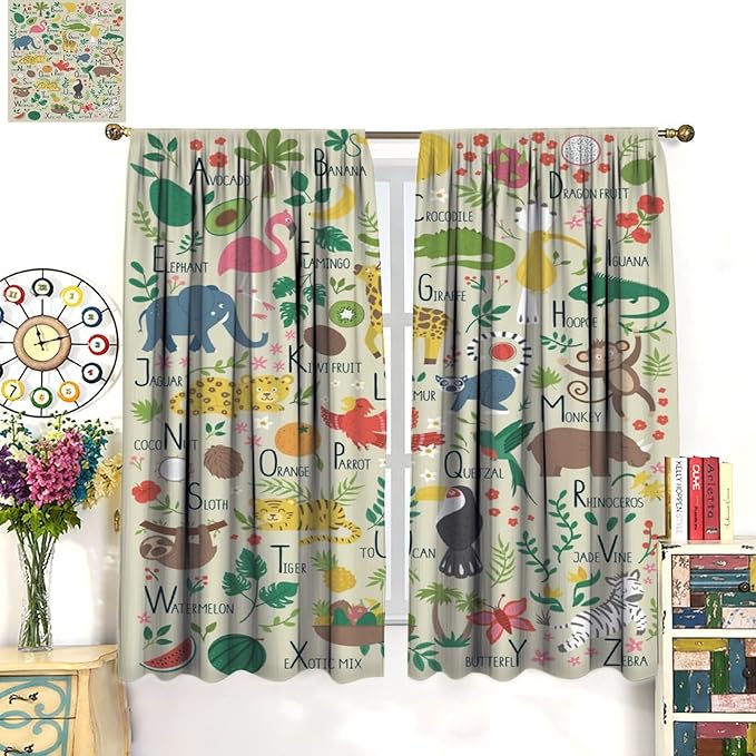 Kid Alphabet Curtains Funny Cartoon Animal Cute Educational Learning Colorful Curtain with Rod Pocket for Bedroom Living Room Decor Drapes Window Treatments 2 Panels Set 63" W X 72" L