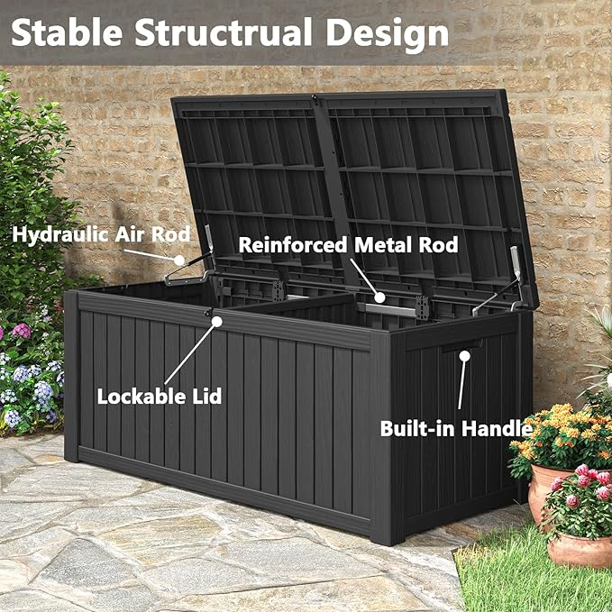 Outdoor Storage Box, 180 Gallon Deck Box, Waterproof and UV Resistant Large Resin Storage Bin, Organization and Storage for Patio Furniture, Outdoor Cushions, Garden Tools, Lockable