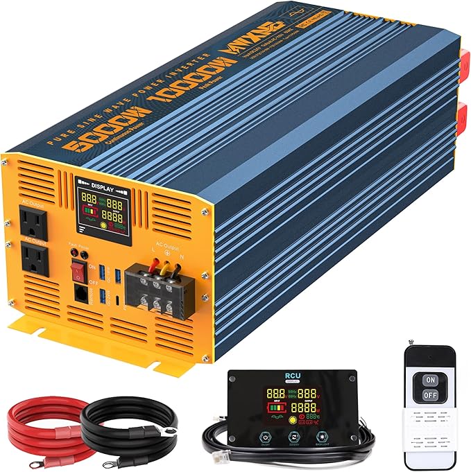 5000 Watt Power Inverter Pure Sine Wave 24V DC to 110V 120V 10000W Peak Heavy Duty Inverter with Remote Control and LED Display, 4 USB/Type-C Ports & 2 AC Outlets Car Charger for Vehicles RV