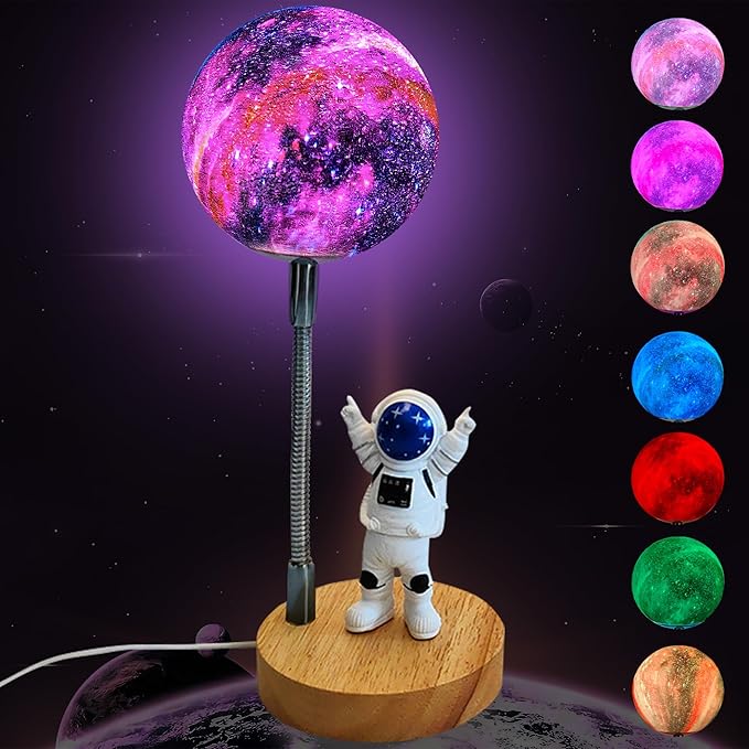 WLHONG Moon Lamp for Kids,Space Buddy Lights with 7 Color Astronaut Night Light,USB Powered and Button Control 3D Moon Table Lamp,Perfect for Bedroom,Nursery and Space-Themed Parties (Galaxy)