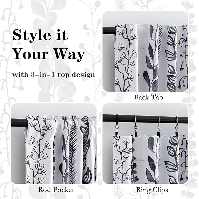 MEETSKY Boho Blackout Leaves Patterned Curtains 84 Inch Long 2 Panels Set for Bedroom, Room Darkening Dark Grey Drapes for Living Room, Thermal Insulated Rod Pocket Back Tab Window Treatment, 50"Wide