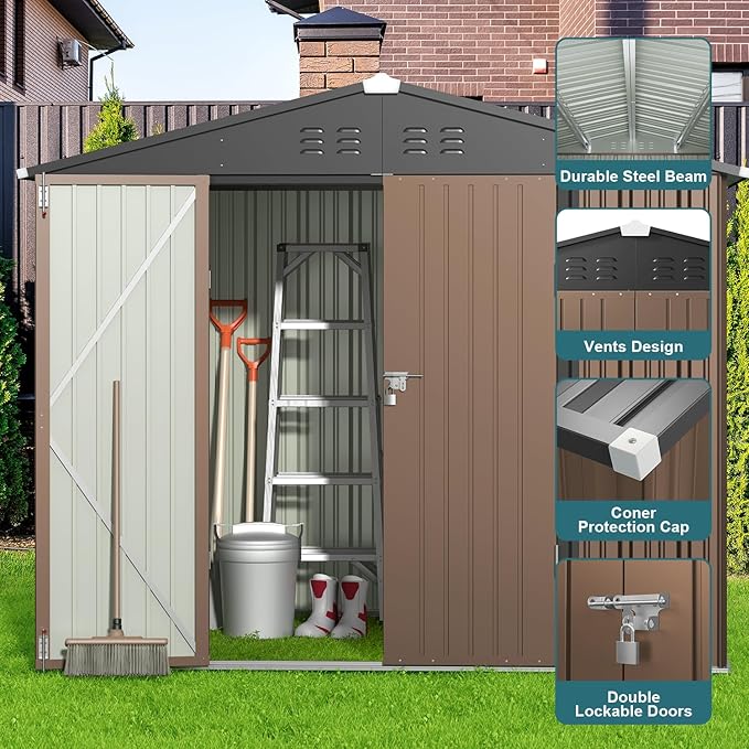 Gizoon Outdoor Storage Shed 8 x 6 FT, Galvanized Metal Garden Shed with Double Lockable Doors, Outdoor Storage Clearance for Backyard Patio Lawn-Light Brown
