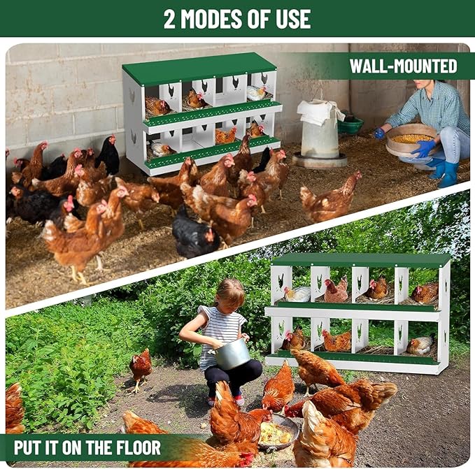 Metal Chicken Nesting Box, 8 Compartments, Rollout Egg Collection, Large Vented Holes, Perch Included, Wall Mount or Free Standing Laying Box for Hens and Chickens - Green