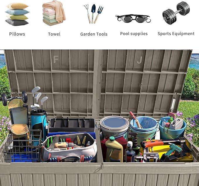 YITAHOME 150 Gallon Large Outdoor Storage XL Deck Box w/Divider for Patio Furniture,Outdoor Cushions, Garden Tools, Sports Equipment and Pool Supplies, Waterproof, Resin, Lockable, Taupe