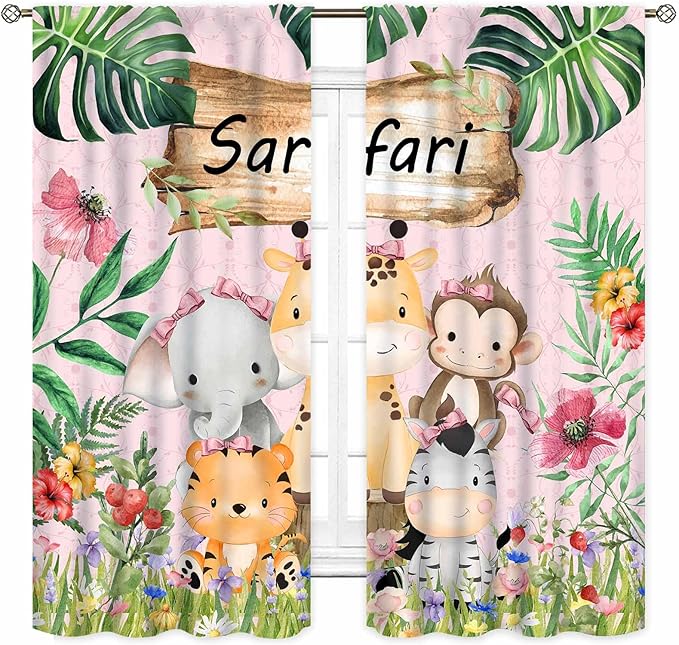 Kids Safari Animals Curtains, Cartoon Giraffe Elephant Monkey Woodland Jungle Tropical Leaf Pink Window Curtains for Boys Girls Baby Living Room Bedroom Nursery Classroom 2 Panels, 84"x63" Inch