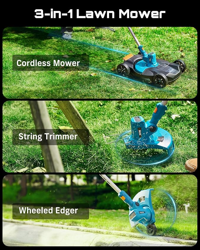 SEESII Electric String Trimmer and Leaf Blower Combo Kit, 3 in 1 Cordless Weed Wacker Grass Eater with 1.3"/2.1" Height, Battery 12" Lawn Mower & Rotary Handheld Blower with 5-Speed for Yard Lawn