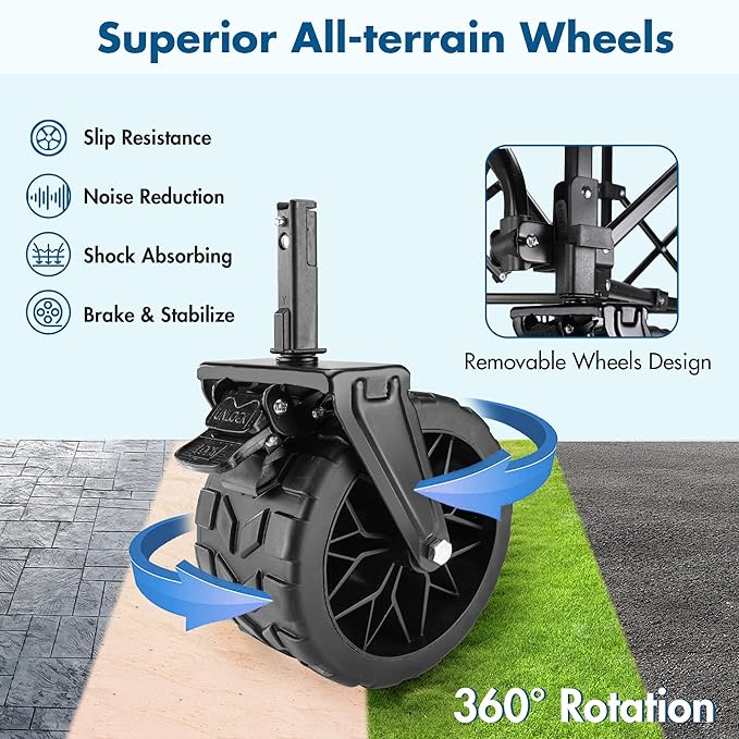 VILLEY Extended Collapsible Foldable Wagon with 330LBS Weight Capacity, 220L Heavy Duty Folding Utility Garden Cart with Big All-Terrain Beach Wheels with Brake & Drink Holders, Blue