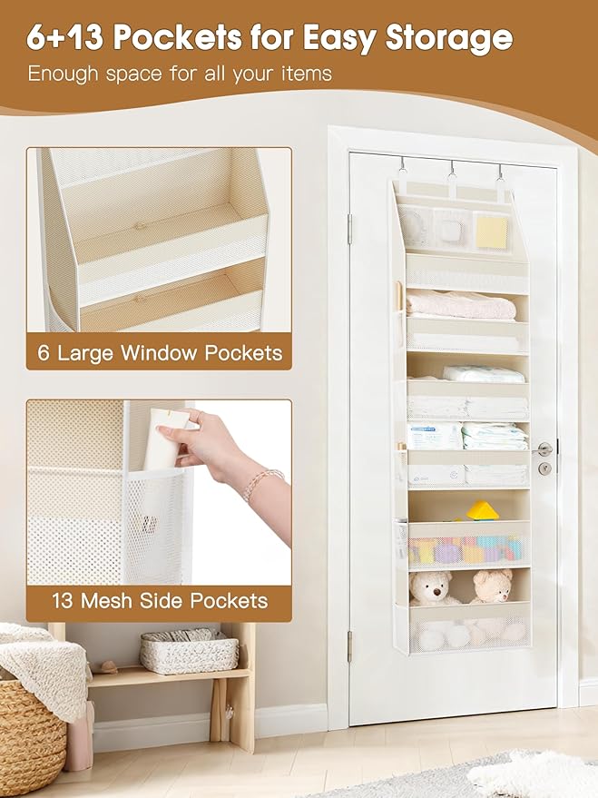 Criusia Over the Door Organizer, 6-Shelf Closet Hanging Storage with 13 Mesh Pockets, 55lbs Capacity Behind the Door Storage for Baby Nursery, Bathroom, Bedroom, and Dorm, Beige