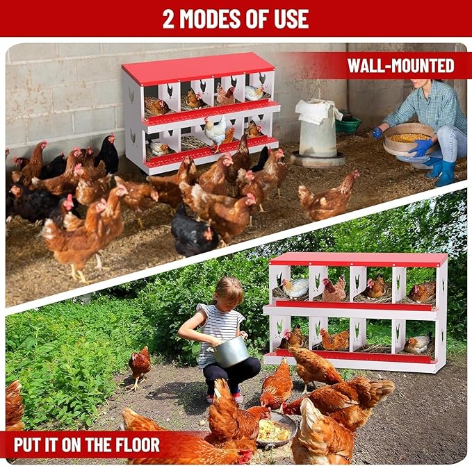 Metal Chicken Nesting Box, 8 Compartments, Rollout Egg Collection, Large Vented Holes, Perch Included, Wall Mount or Free Standing Laying Box for Hens and Chickens - Red