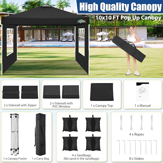 COBlZI 10x10 Pop Up Canopy Tent with 4 Removable Sidewalls，One Push Setup Waterproof Commercial Gazebo Tent with Air Vent, 4 Sandbags，4 Stakes & 8 Ropes（Tents for Party/Exhibition-Black