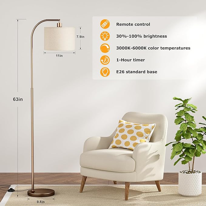 Ambimall Arc Floor Lamp with Remote and Stepless Dimmable Bulb, Colors