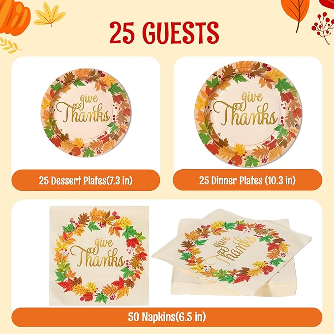 JOYIN 100Pcs Thanksgiving Paper Plates and Napkins Disposable Dinnerware Set for 25 Guests Give Thanks Theme Party Supplies Happy Thanksgiving Autumn Tableware Set
