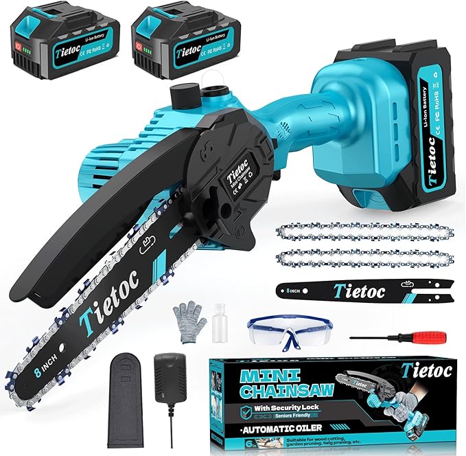 Tietoc Mini Chainsaw 8 inch Cordless with 2x 4000mAh Batteries, Battery Powerd Chain saw with Oiler, Lightweight Handheld Saw for Household & Garden, Gifts for Men, Dad, Husband, Gardener and DIYer