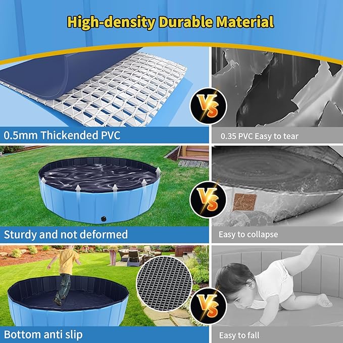Foldable Dog Pool, 63" x 12" Kiddie Pool with Hard Plastic, Non-Slip Dog Bath Tub for Outdoor Backyard, Collapsible Dog Swimming Pool for Kids Dogs Pets (Blue)