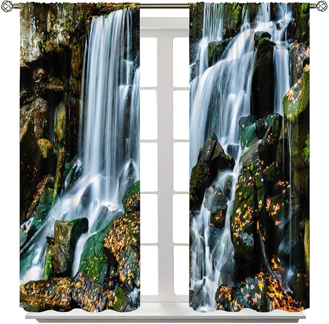 Waterfall Blackout Window Curtains, Forest Nature Landscape Theme Pattern Print Window Drapes, for Living Room Bedroom 72" W X 63" L
