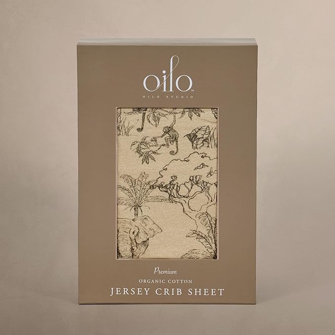 Oilo Crib Sheet, Breathable, Fitted, Organic Cotton Jersey, 300-Thread, Machine Wash, Fits Standard Crib (28" x 52" x 6"), Toddler Bedding, Heirloom Organic Collection, Vintage Safari