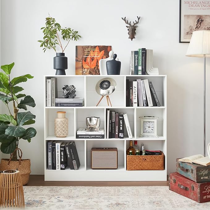 YAHARBO White 10 Cube Bookshelf,3 Tier Modern Horizontal Bookcase,Wooden Low Book Shelf Display Storage Cabinet with Base,Floor Standing Short Bookshelves Open Organizer for Bedroom,Living Room,Office