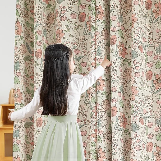 jinchan Nursery Curtains 95% Blackout Pink 90 Inch Long, Spring Floral Curtains for Girls Room, Farmhouse Country Drapes for Living Room, Room Darkening Window Treatments Grommet Top Set 2 Panels
