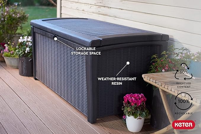 Keter Borneo 110 Gallon Storage Box, All-Weather Wicker Rattan-Style Resin Deck Box and Stylish Outdoor Bench with Piston-Assisted Lockable Lid, Grey