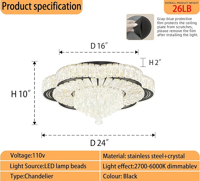 Modern Empire Crystal Chandelier Black 24inches Crystal Raindrop Ceiling Light