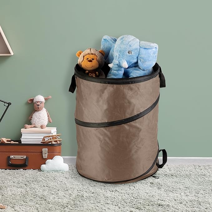 Wakeman Outdoor Trash Can - 46-Gallon Collapsible Garbage Can with 3 Stakes - Pop Up Trash Can for Camping, Storage, or Yard Waste Outdoors (Beige)