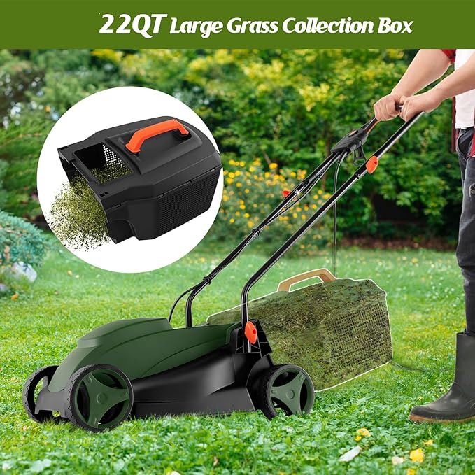 S AFSTAR Electric Lawn Mower, 10-AMP 13-Inch Corded Walk-Behind Lawnmower with Collection Box, 3 Adjustable Height Position, Self Locking Function, Push Lawn Mower for Backyard