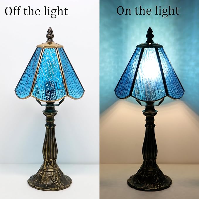 Small Tiffany Table Lamp Sea Blue Bark Pattern Style Stained Glass Desk Lamps