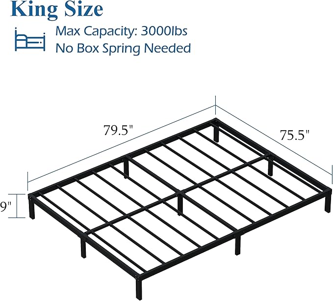 9 Inch King Bed Frame Heavy Duty Low Profile Metal Platform No Box Spring Needed Mattress Foundation, Easy to Assembly, Noise Free, Black