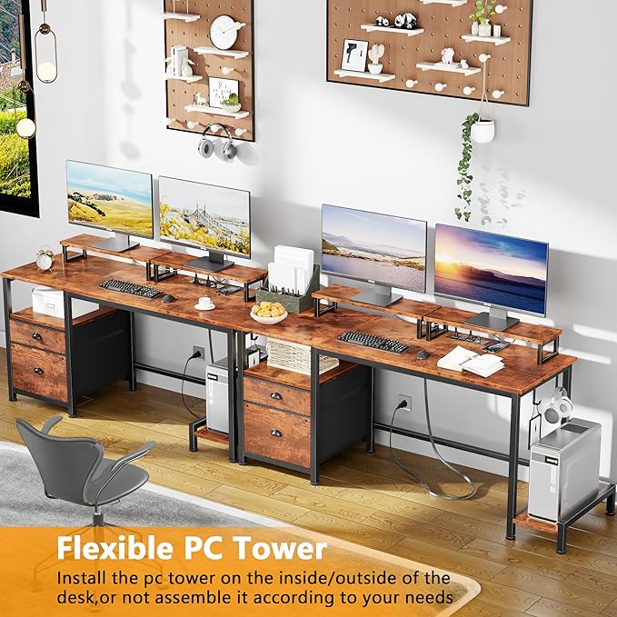 Furologee 55" Computer Desk with File Cabinet and Power Outlets, Home Office Desk with 2 Movable Monitor Stands and Storage Drawer, Writing Table with Shelves and 2 Hooks for Bedroom, Rustic Brown