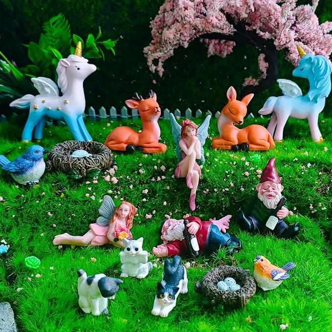 Kai Dream 15Pcs Fairy Garden Accessories, Fairy, Gnome, Animal Figurines, Miniature Resin Figurines