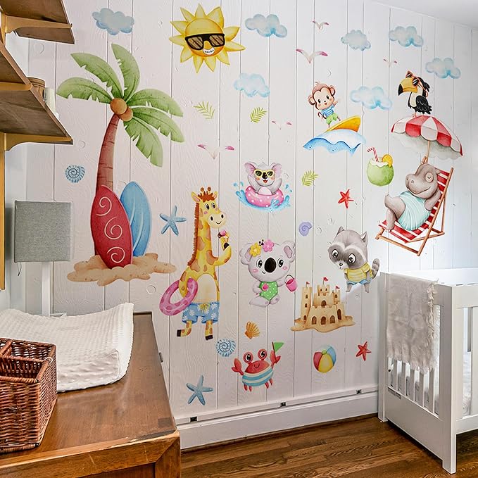 Cute Jungle Theme Wall Stickers Removable Animal Forest Wall Decals Elephant Monkey Lion Giraffe Zebra Peel and Stick Tropical Wall Art Decor for Nursery Bedroom Classroom (Colourful 2)