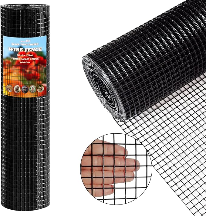 Thinkahead Black Hardware Cloth 1/2 inch 24 X 100 ft 19 Gauge Vinyl PVC Coated Wire Mesh Roll Galvanized Welding Chicken Wire Fencing, Garden Fence, Rabbit Wire, Home Improvement Project.