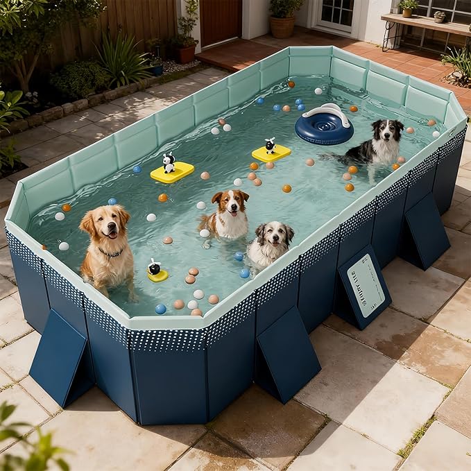 Foldable Non-Inflatable Kids' and Adults' Outdoor Swimming Pool Hard Plastic Shell Kid Pool for Backyard Dog Pools (113" x 66" x 20")