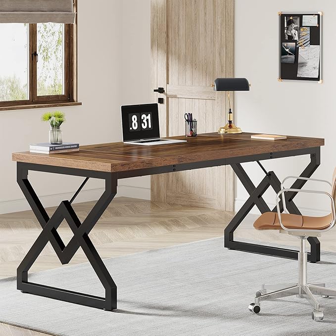 Tribesigns 63-inch Executive Desk, Large Office Computer Desk with Extra Thick Wooden Tabletop and Metal Frame, Modern Simple Workstation Writing Table Study Desk for Home Office, Vintage Brown