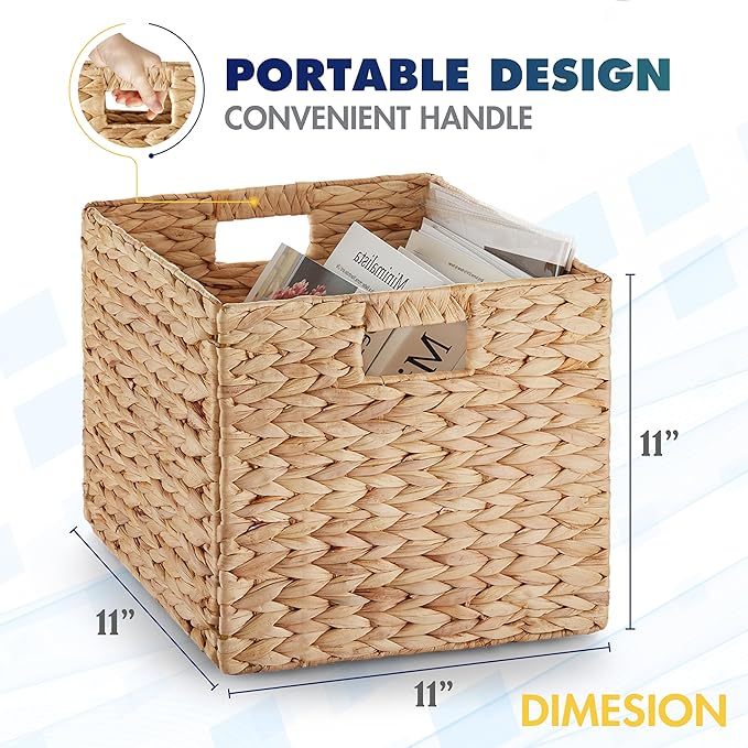 BLUEWEST Water Hyacinth Storage Basket (Set of 4) Woven Hyacinth Storage Basket, Laundry Water Hyacinth Bin for Organizing with Carrying Handles, Rattan for Shelves