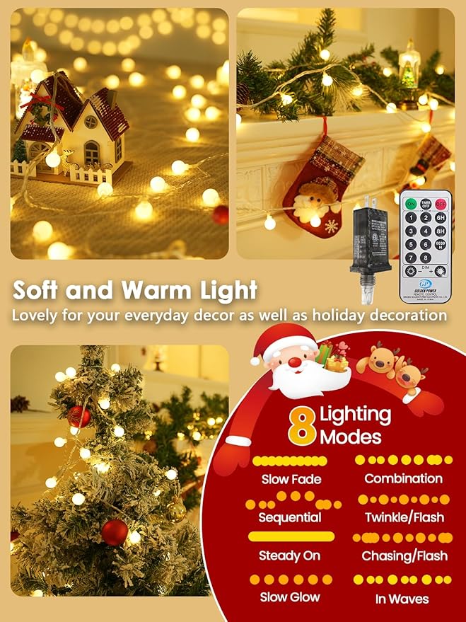 2-Pack Connectable Globe String Lights | Total 86FT 200LED Warm White Christmas