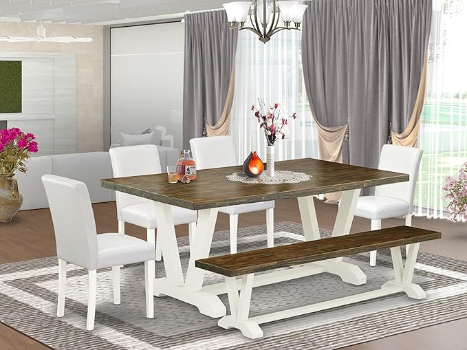East West Furniture V077AB264-6 6 Piece Dining Table Set Contains a Rectangle Dining Room Table with V-Legs and 4 White Faux Leather Upholstered Chairs with a Bench, 40x72 Inch, Multi-Color