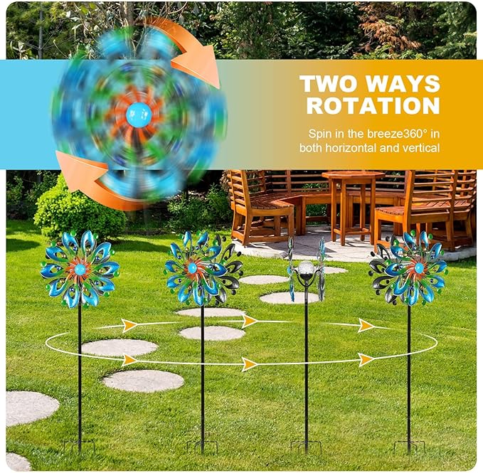 Wind Spinners for Yard and Garden - Wind Sculptures & Spinners, 75 Inch, Navy Blue, Kinetic Art with Solar Powered Multi-Color Glass Ball Light