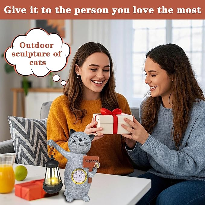 Solar Cat Outdoor Statues for Garden-Creative Thermometer-Lantern-Welcome Sign, Suitable for Yard Art, Lawn Ornaments, Porch, Terrace, Alcove, Home, House Outdoor, Cat Garden Decoration