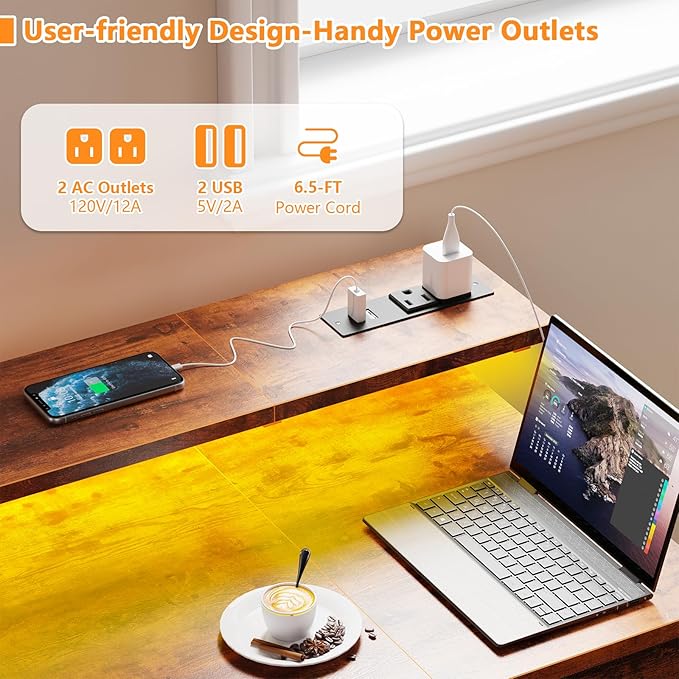 55 Inch Computer Desk with Power Outlets & LED Lights, Home Office Desk with Storage Drawers and Monitor Stand, Writing Work Study Desk for Bedroom Living Room