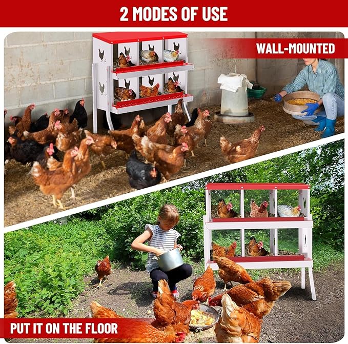 Chicken Nesting Box, Heavy-Duty Metal Chickens Laying Boxes with 6 Compartments, Large Vented Holes Hens Laying Box, Chicken Coop with Rollout Egg Collection, Bracket Legs - Red