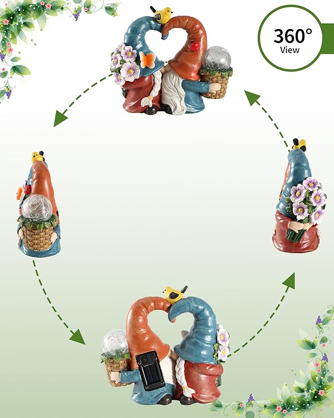 iStatue Solar-Powered 8.3'' Spring Summer Kissing Gnomes Decorations for Home & Garden - Decorative Outdoor Lawn Ornaments and Statues Clearance (Loved Gnomes)