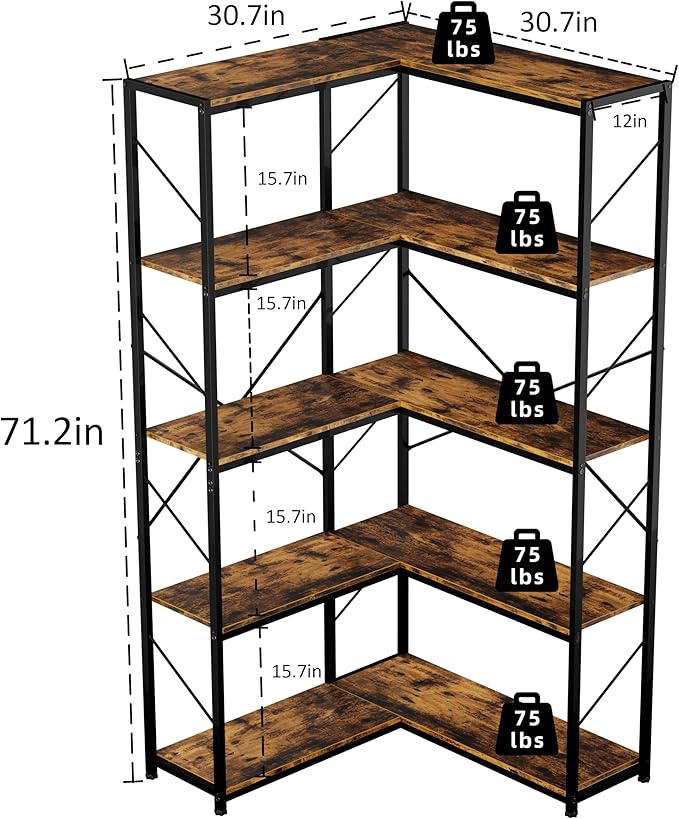 Shintenchi 5 Tier Corner Bookshelf,L Shaped Bookcase,Large Etagere Bookcase,Corner Shelf Display Storage Rack with Metal Frame for Living Room Bedroom Office,Rustic Brown