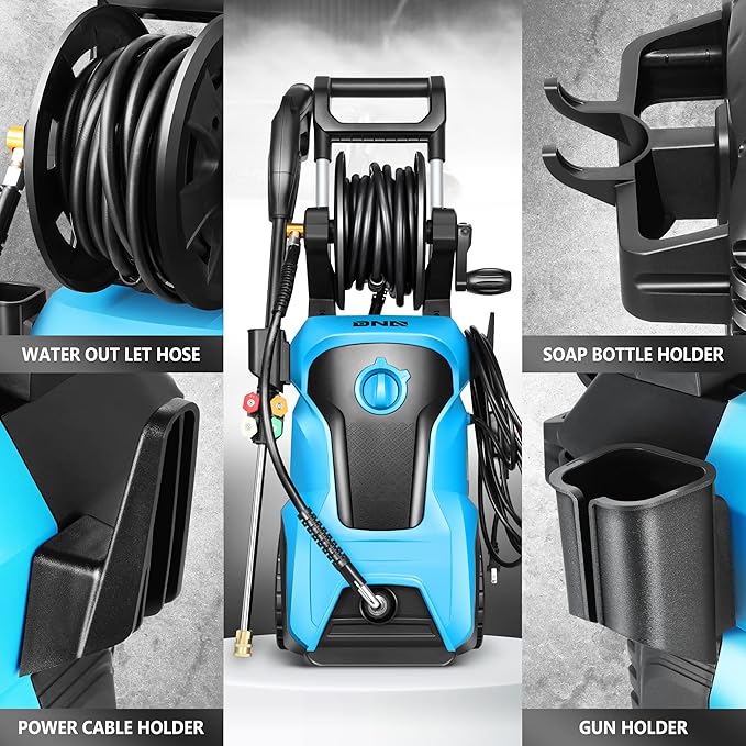DNA MOTORING TOOLS-00231 Up to 2176 PSI Pressure 2.4 GPM Max Flow Electric Pressure Washer for Yard and Car Cleaning with Spray Nozzle Foam Bottle + 4 Turbo Nozzles IPX5 Driveway Patio Deck (Blue)