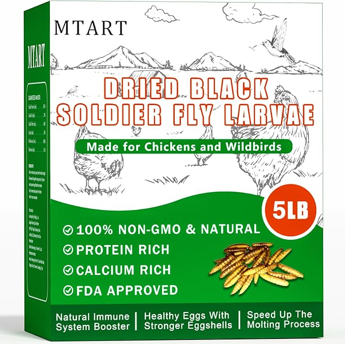 5LB Dried Black Soldier Fly Larvae Treat for Chicken, 100% Natural Non-GMO More Calcium Than Dried Mealworms High Protein Chicken Feed for Birds, Ducks, Layer Hens