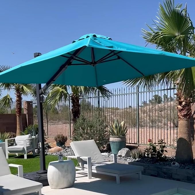 PURPLE LEAF 10 FT Square Patio Cantilever Umbrella Large Outdoor Aluminum Offset Umbrella with 360-degree Rotation for Garden Deck Backyard Pool, Turquiose Blue