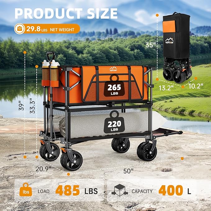 Foldable 50''L Extra Long Double Decker Wagon for Sport, 400L Collapsible Heavy Duty Wagon Cart with Big Wheels, Utility All-Terrain Large Extender Cart for Outdoors, Orange